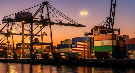 Fototapeta premium Container port with cranes and trucks, some containers painted in contrasting national colors, dramatic lighting