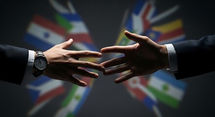 Hands of businesspeople breaking handshake with flags projected in background, tension scene