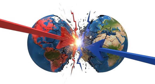 Broken globe with red and blue arrows colliding, symbolizing trade war, white background