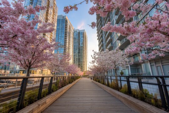 Scenic walkway lined with blooming cherry blossoms beside modern buildings, symbolizing harmony between nature and urban life.
