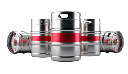 Four stainless steel beer kegs, arranged closely together, showcasing a red band around the middle of each