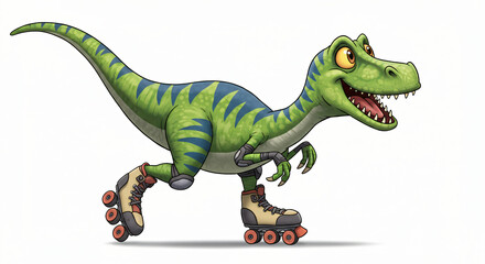 Naklejka premium Smiling Dinosaur on Roller Skates: A cheerful and dynamic illustration of a green velociraptor character with blue stripes, happily roller skating with a big smile