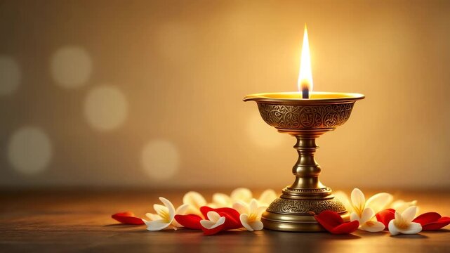 Lit brass oil lamp with flower petals, traditional Indian diya for Onam celebration, warm spiritual ambiance, cultural prayer lighting