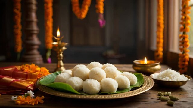Onam rasgulla sweets on banana leaf, traditional Indian dessert plate, festive celebration offering, Kerala cultural setting with diya and marigold