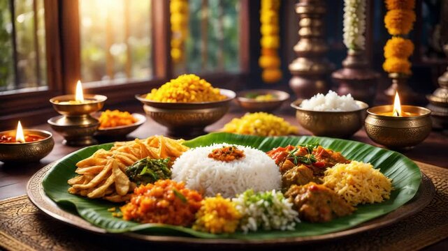 Onam sadya served on banana leaf, traditional Kerala feast, festive Indian vegetarian meal, cultural celebration food, temple background