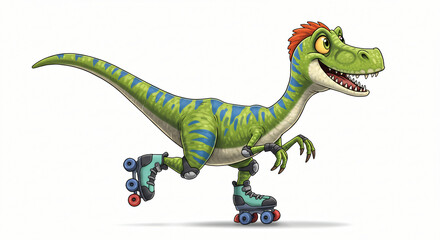 Obraz premium Roller Skating Raptor: A fun and playful cartoon drawing of a prehistoric dinosaur wearing roller skates and protective gear on its knees and elbows