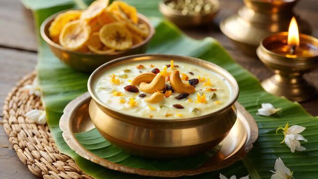 Onam payasam served in brass bowl, traditional Kerala dessert, festive sweet dish, cultural celebration food, banana chips side, banana leaf setup