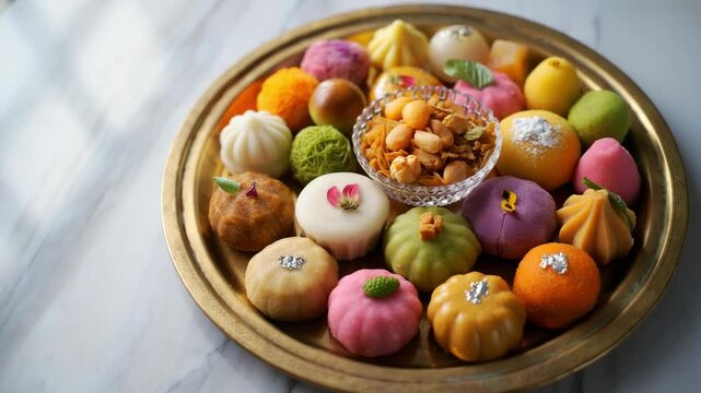 Onam sweets platter, traditional Indian mithai, festive dessert arrangement, Kerala celebration food, colorful treats, cultural delicacies