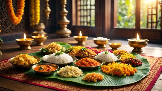Onam sadya feast on banana leaf, traditional Kerala meal, festive Indian food arrangement, temple celebration setting, vibrant vegetarian dishes