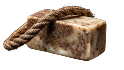 A rectangular bar of soap, light beige and tan with dark brown speckles, is held by a looped piece of light brown rope