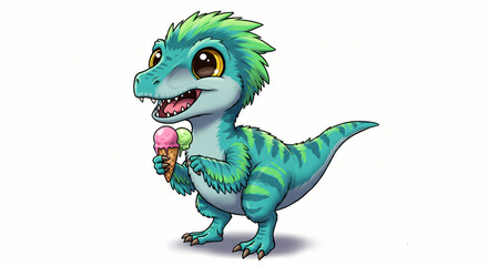 Fototapeta premium Little Dinosaur with a Sweet Treat: A fun and playful character illustration of a baby velociraptor with furry-like feathers, enjoying a cool snack on a hot day