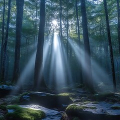 Obraz premium Sunlight streams through a misty forest.