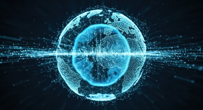Digital Earth: A Glowing Blue Globe with Data Connections and Sound Waves