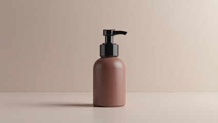 A brown pump bottle on a neutral background.