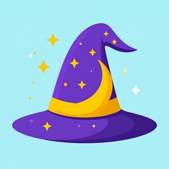 A captivating illustration of a purple wizard's hat, adorned with golden stars and a crescent moon, set against a pastel blue backdrop.