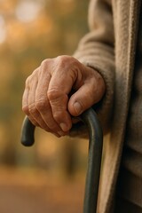 Close-up shows senior's hand firmly gripping a dark walking cane in a soft, blurred outdoor setting