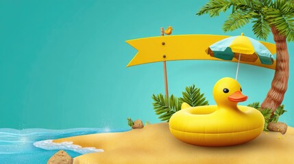 Beach scene with yellow duck float