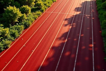Slightly worn, textured running track, top view, faded, field