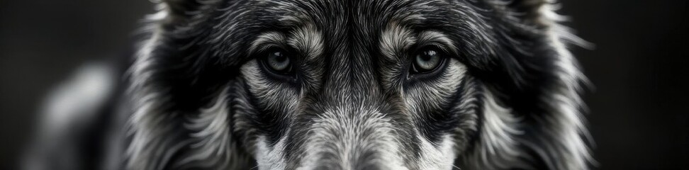 Stark black and white wolf portrait, intense gaze , art, monochrome