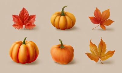 Autumnal gourds and leaves, realistic digital art.  Six elements two pumpkins, two maple leaves, displayed on a light beige background, showcasing fall colors