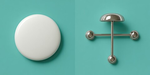 White circle, metallic cross on teal background