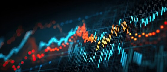 Abstract financial data visualization.  Colorful stock market charts on a dark digital display.  Complex patterns of  fluctuating data points.  Dynamic lines and indicators