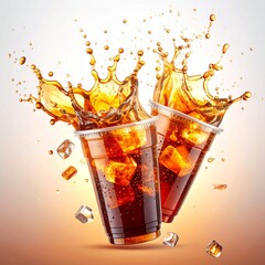 Refreshing Cola Splash with Ice Cubes in Plastic Cups