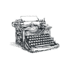 Antique mechanical typewriter with paper in a sketch style