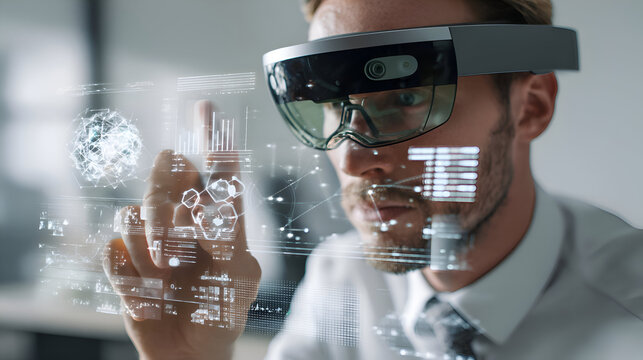 Businessman exploring data visualization with augmented reality headset, futuristic technology concept for business innovation and digital transformation