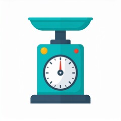 A teal-colored, flat design, digital kitchen scale with a round analog clock face, displaying a clear, simple aesthetic.