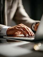 Close-up of a man in a light beige suit typing on a laptop