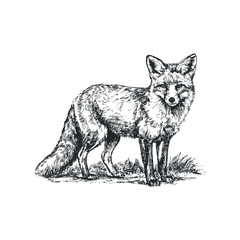 Detailed sketch of a fox standing alert among blades of grass