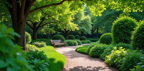 A winding garden path bordered by lush greenery, leading to a tranquil seating area under a canopy of trees Perfect for relaxation and peaceful contemplation , quiet, rustic