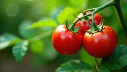 Luscious red tomatoes, glistening with dew, nestled amongst green foliage , delicious, tomatoes, produce