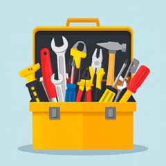 A vibrant yellow toolbox is overflowing with assorted tools, showcasing a variety of colors and shapes.