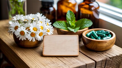 Herbal medicine with chamomile flowers mint leaves and capsules on wooden table
