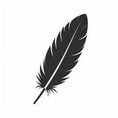 A stylized, dark silhouette of a feather is depicted against a plain white background.