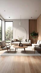 Modern living room design, wood floor, sunlight