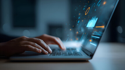 Hands typing on laptop displaying dynamic data analysis, modern technology for business growth, innovation, and digital solutions