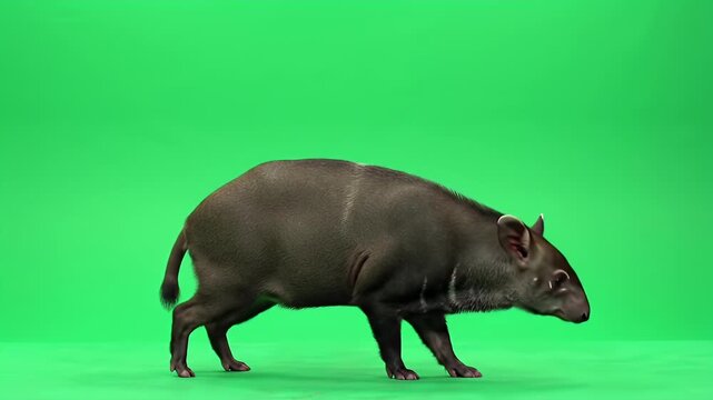 Brazilian Tapir Walking on Green Screen - Isolated Wildlife Mammal for Compositing
