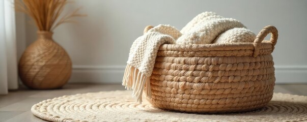Fototapeta premium Cozy Woven Rug Basket Overflowing with Soft Blankets Perfect for Home Storage & Decor, Adding Warmth and Texture to Living Rooms, Bedrooms, or Nurseries.
