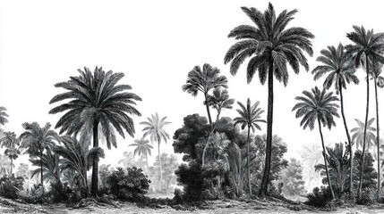A monochrome panorama featuring a tropical scene with towering palm trees and lush greenery