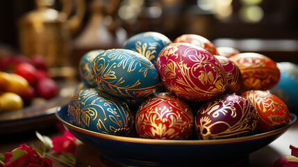Fototapeta premium Elegant bowl filled with colorful decorated Easter eggs with intricate golden patterns, perfect for festive celebrations.