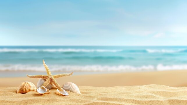 A serene tropical beach featuring seashells and a sea star on soft sand, ideal for a summer getaway backdrop.
