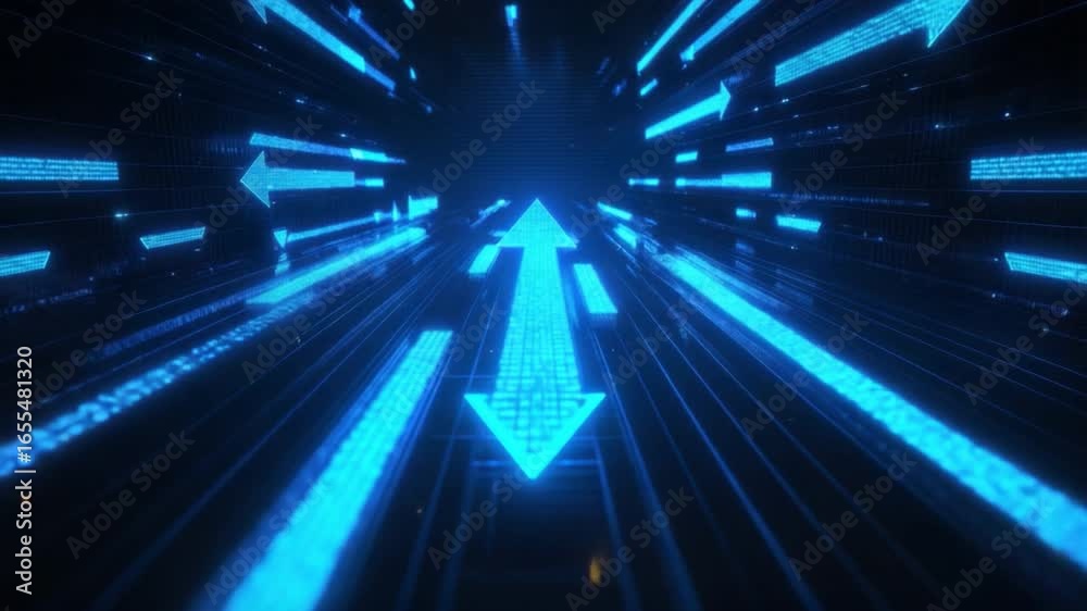 Wall mural futuristic digital landscape with glowing arrows and abstract data particles symbolizing speed and t