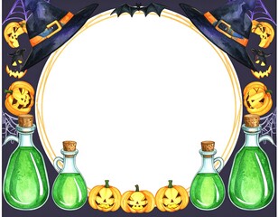 Halloween themed watercolor frame with pumpkins, potions, and witch hats, perfect for invitations or announcements