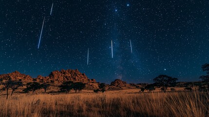 Stunning Night Sky with Meteor Showers Over Rugged Landscape