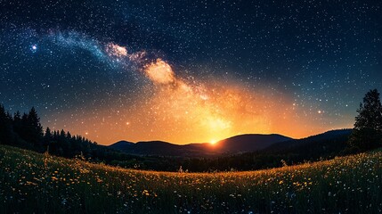 Fototapeta premium Serene Sunset Over Hills with Starry Sky and Distant Galaxy