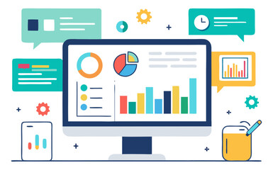 Data analysis visualized: charts, graphs, and communication bubbles depict insights and information flow.