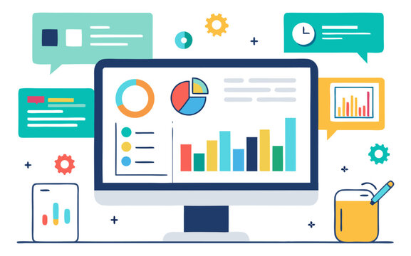 Data analysis visualized: charts, graphs, and communication bubbles depict insights and information flow.